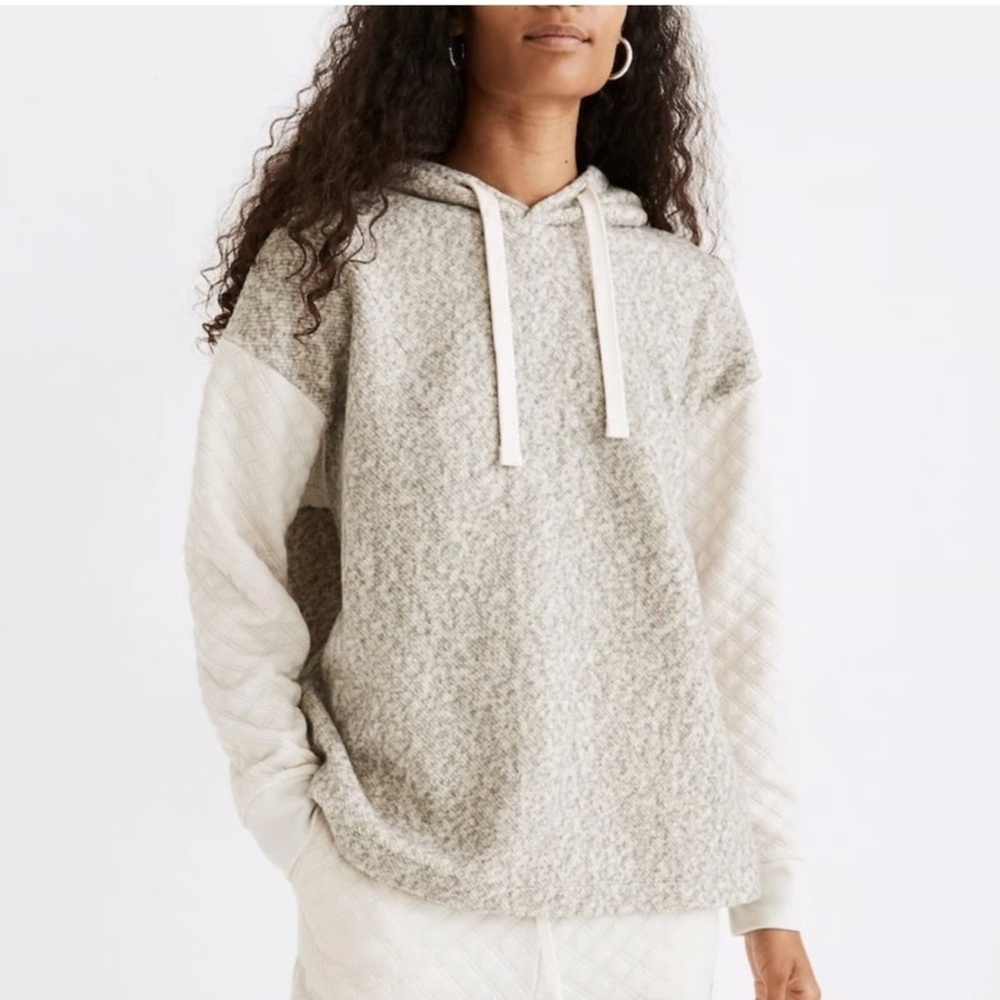 Madewell Oversized Hoodie Heathered Gray & Cream with Quilted Sleeves